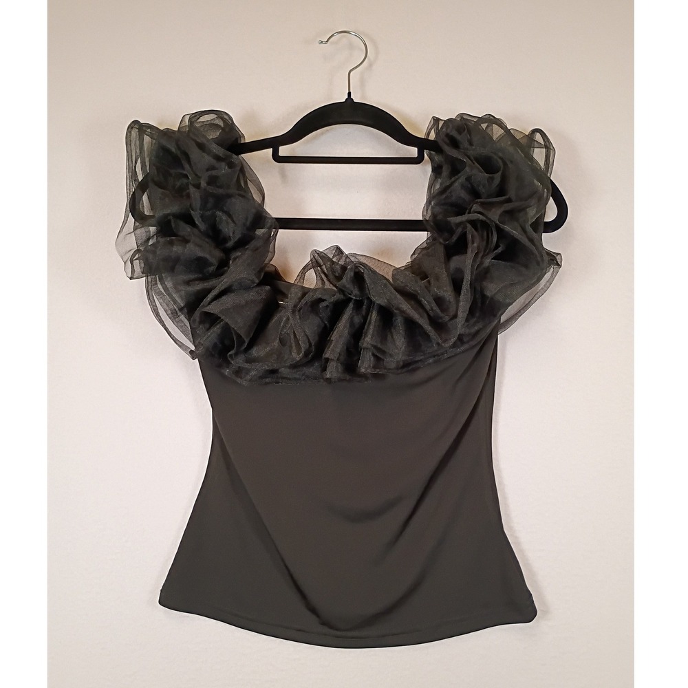 Romantic SHEIN Womens Small Black Dramatic Organza Ruffle Neckline Slim Fit Top